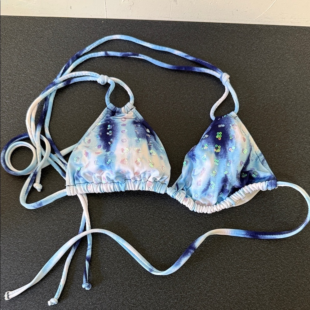 Sequin Accent Blue Tie-Dye Triangle Bikini Top - Brand Unspecified
